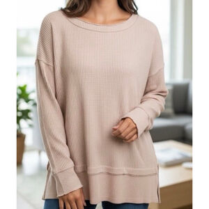 Women's We The Free Long Sleeve Tee XS Beige Waffle Knit top.